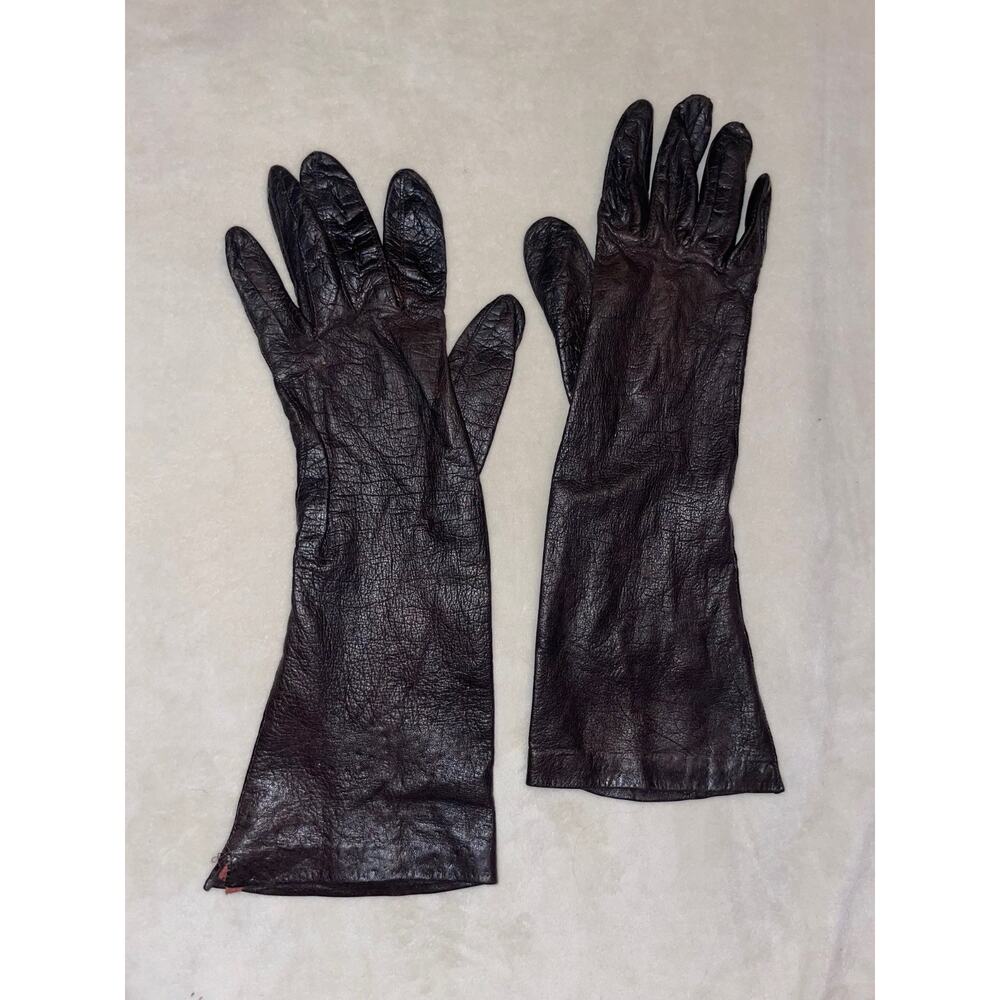 Vintage Petite Women Dark Brown Long Buttery Soft Leather Gloves Hand Sewn Liner